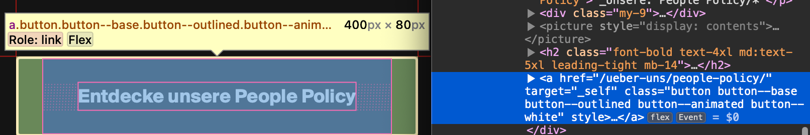 DevTools-Ansicht. Links der Button „Entdecke mehr über uns“, rechts im HTML-Inspektor der Code des Buttons ohne aria-label-Attribut. Die semantische HTML-Struktur reicht für Hilfstechnologien aus.