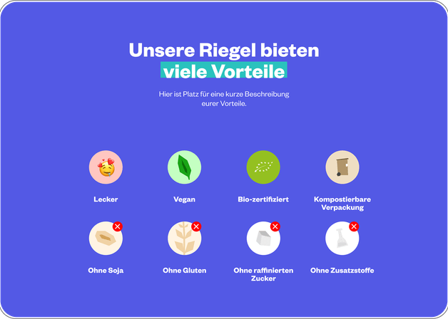 Übersicht, die die wichtigsten Vorteile, Inhaltsprinzipien und Qualitätsmerkmale der Treatfuls-Produkte visualisiert.